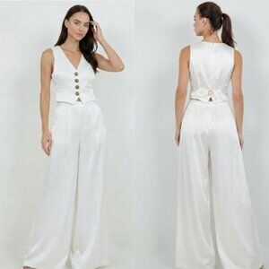 White Satin Waistcoat & Wide-leg Pants Set
